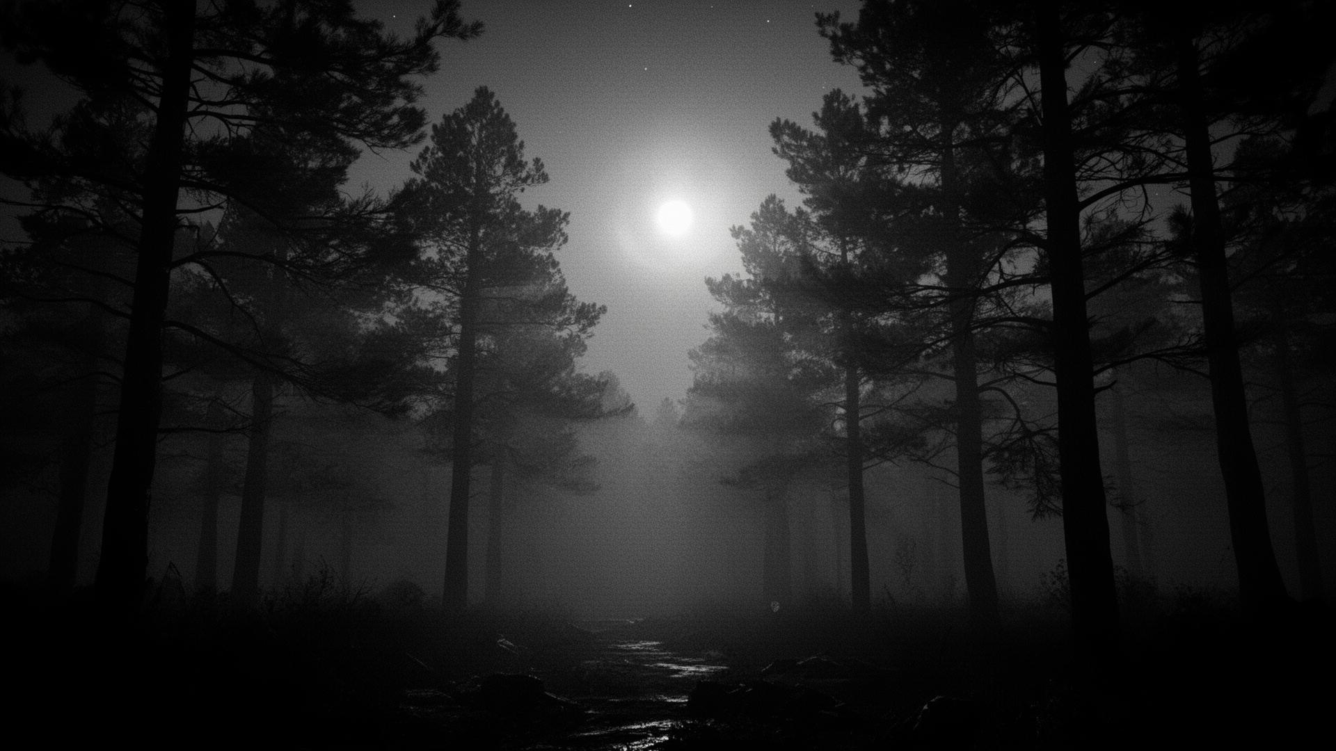 Moonlit pine forest in fog